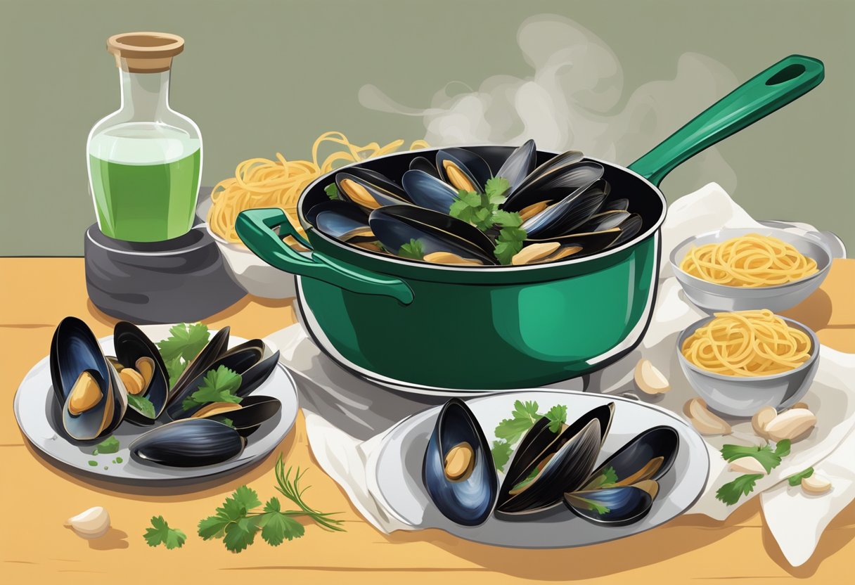 A chef sautés green lipped mussels in a sizzling pan with garlic and herbs, creating a mouthwatering aroma. A bowl of pasta sits nearby, ready to be topped with the flavorful seafood