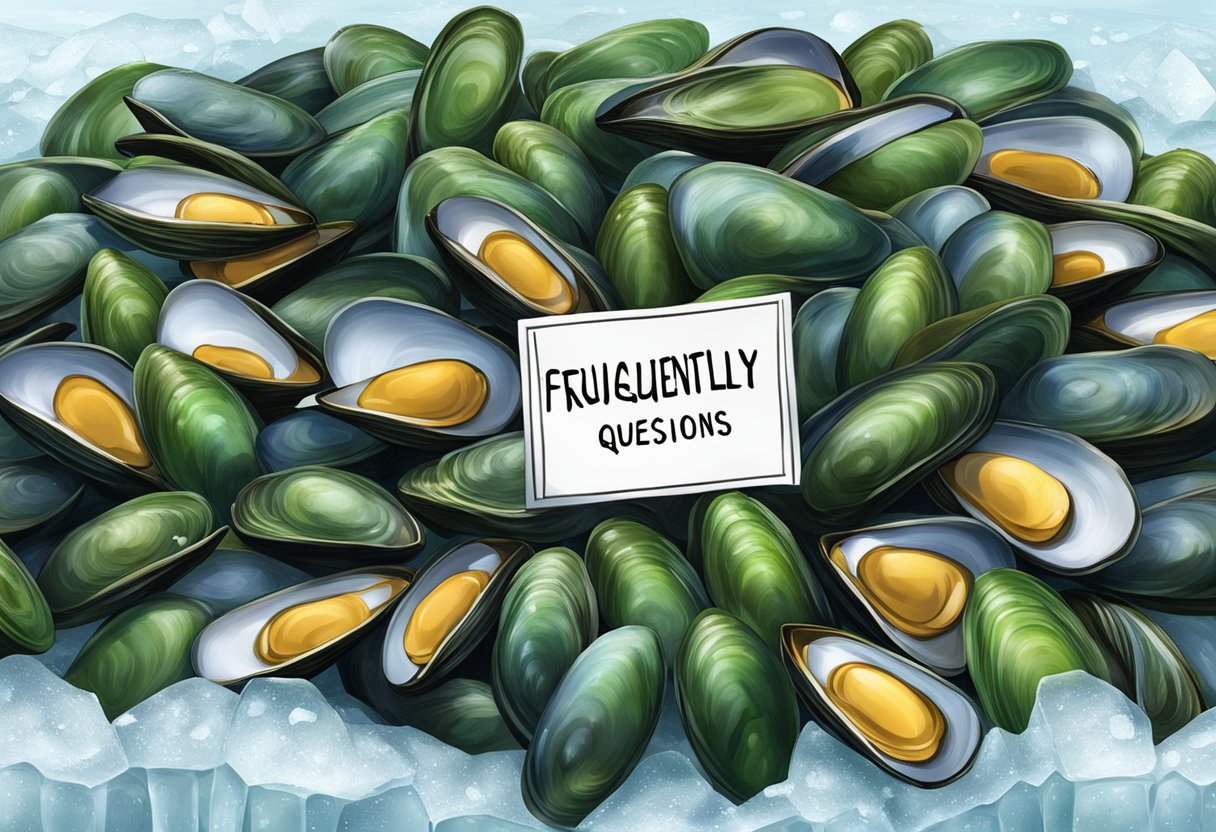 A pile of green mussels stacked on a bed of ice with a sign reading "Frequently Asked Questions" in the background
