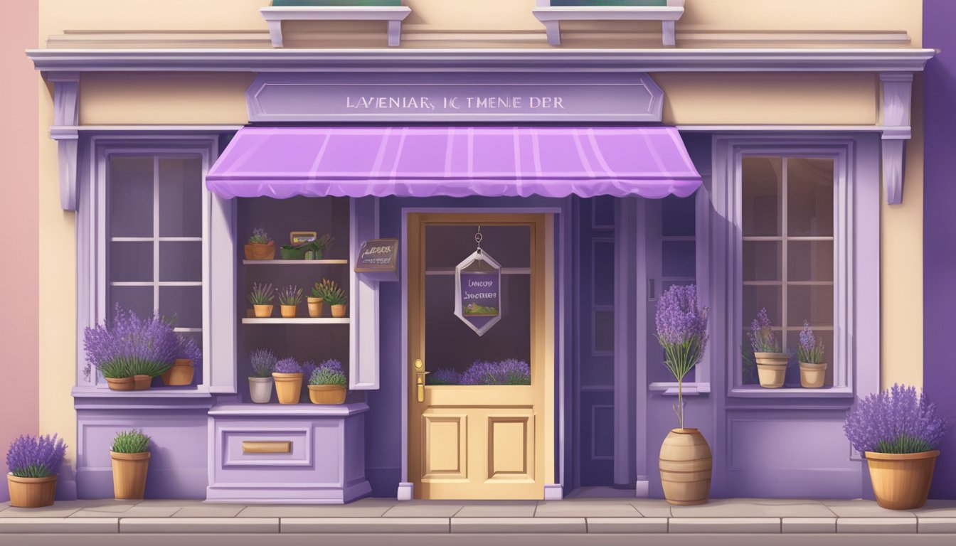A lavender money lender's shop with a quaint sign and open door