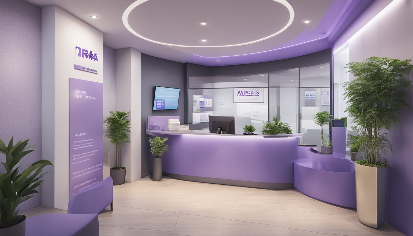 A lavender money lending office in Singapore, with a sleek and modern interior, a professional-looking reception area, and signage displaying interest rates and loan terms