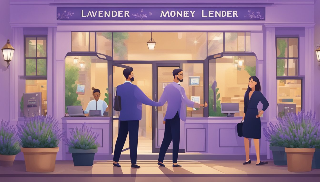 Customers entering a lavender money lender, greeted by friendly staff. Security cameras and alarms visible, creating a safe and welcoming atmosphere