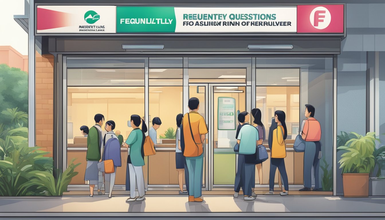 A line of customers waits outside a licensed money lender in Marsiling. Signs display "Frequently Asked Questions" and "Open". The building is nondescript with a simple, functional design