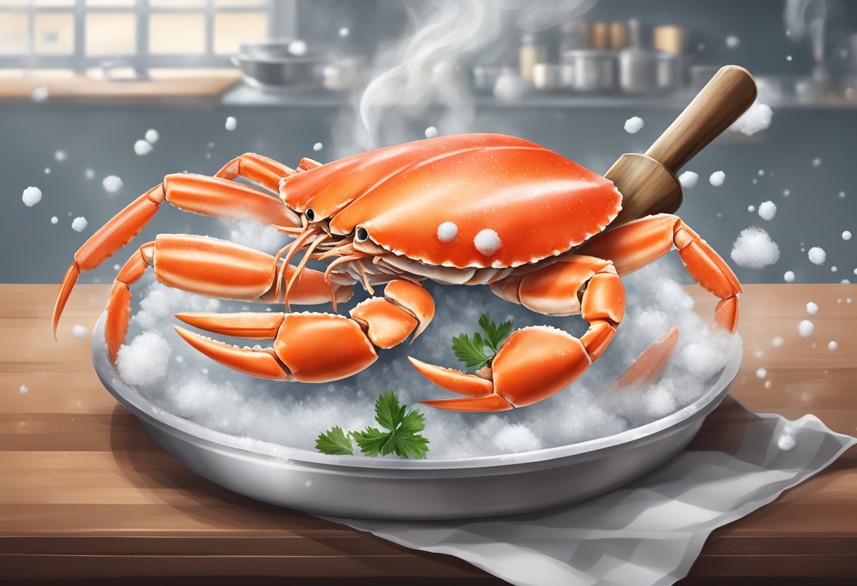 A chef cracks open snow crab legs with a mallet, steam rising