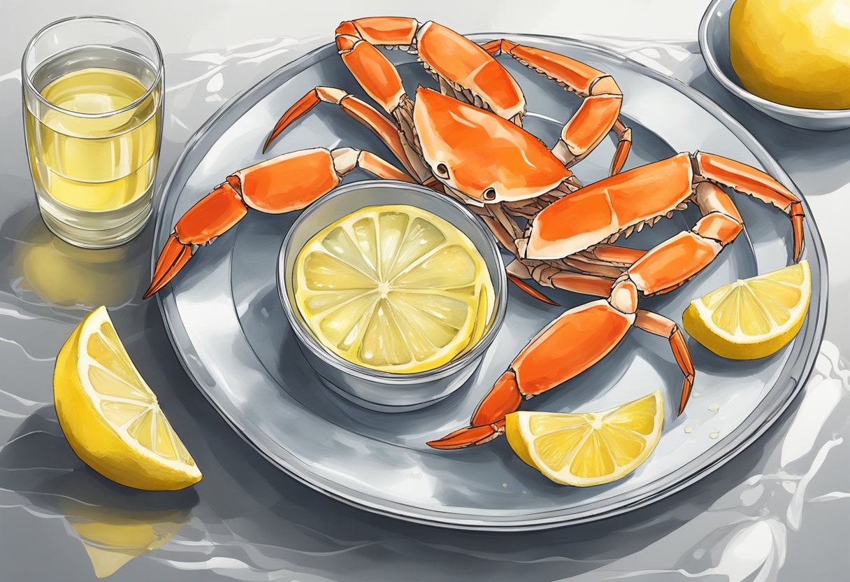 Snow crab legs arranged on a platter with lemon wedges, surrounded by melted butter, and a glass of white wine