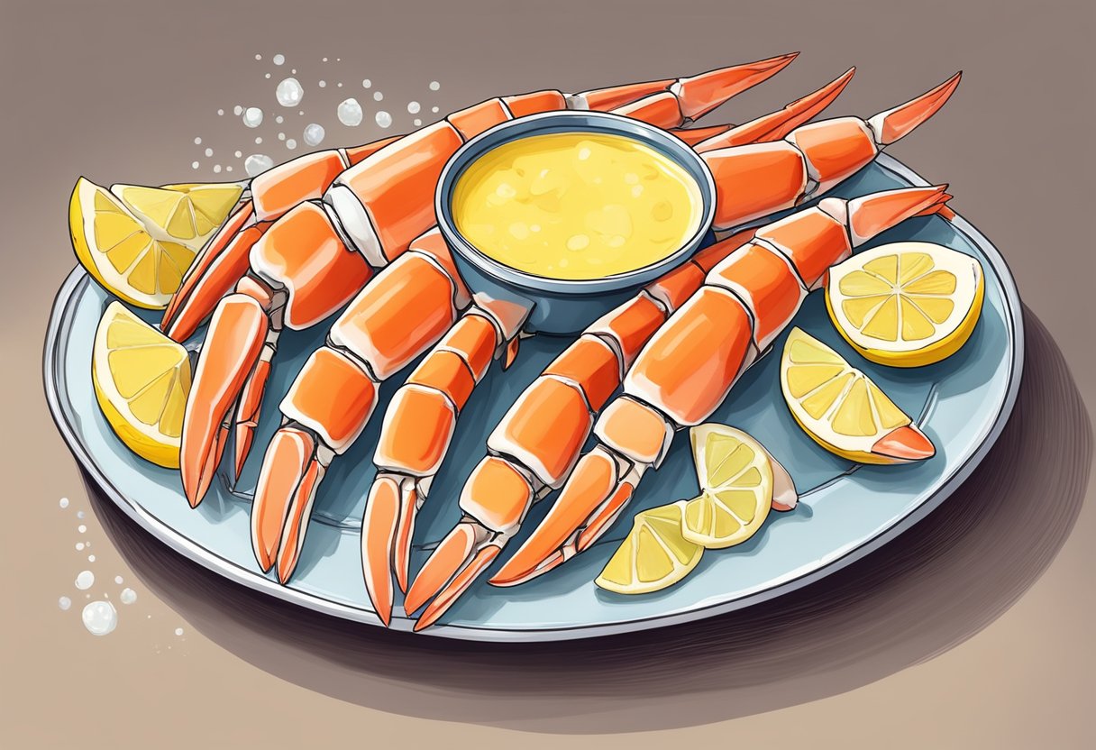 Snow crab legs arranged neatly on a platter with a side of melted butter and lemon wedges