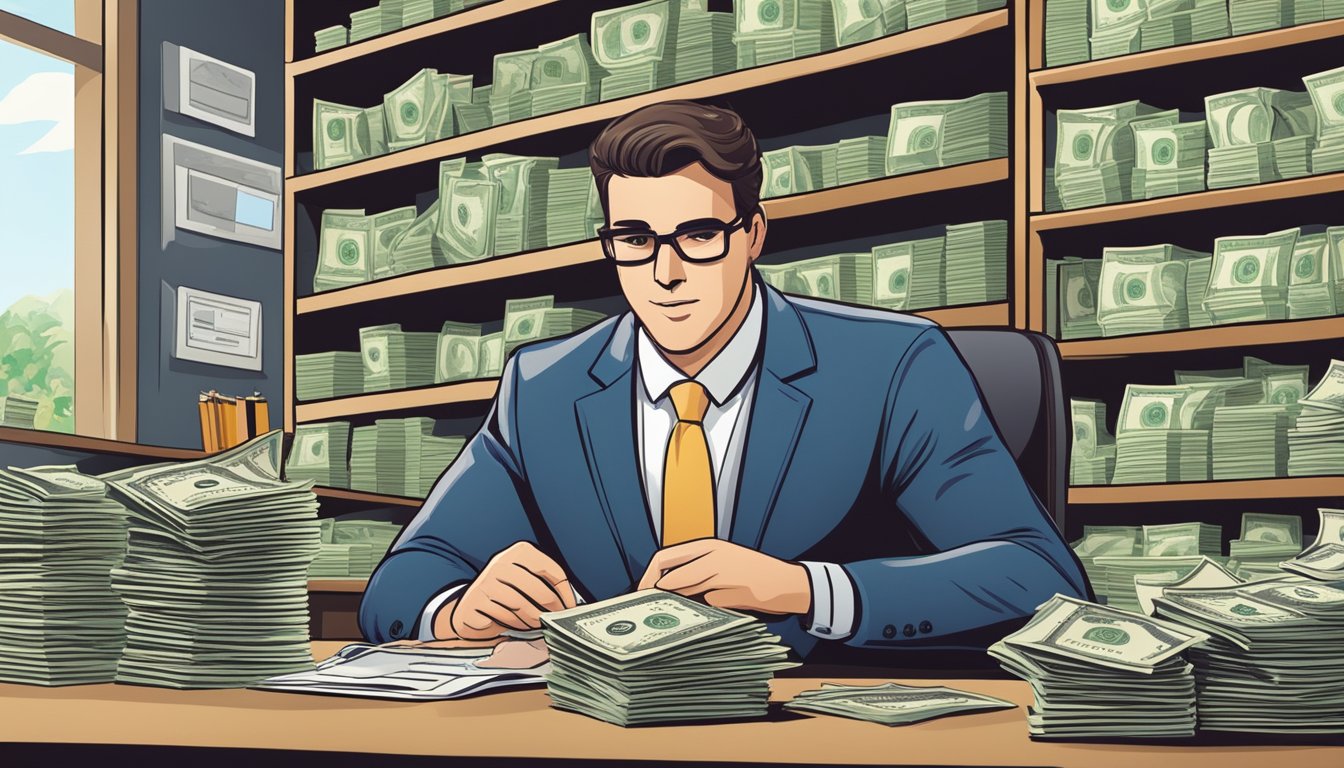 A money lender sitting behind a desk, counting cash and reviewing documents for a business loan application. The room is filled with shelves of financial records and a sign displaying lending rates