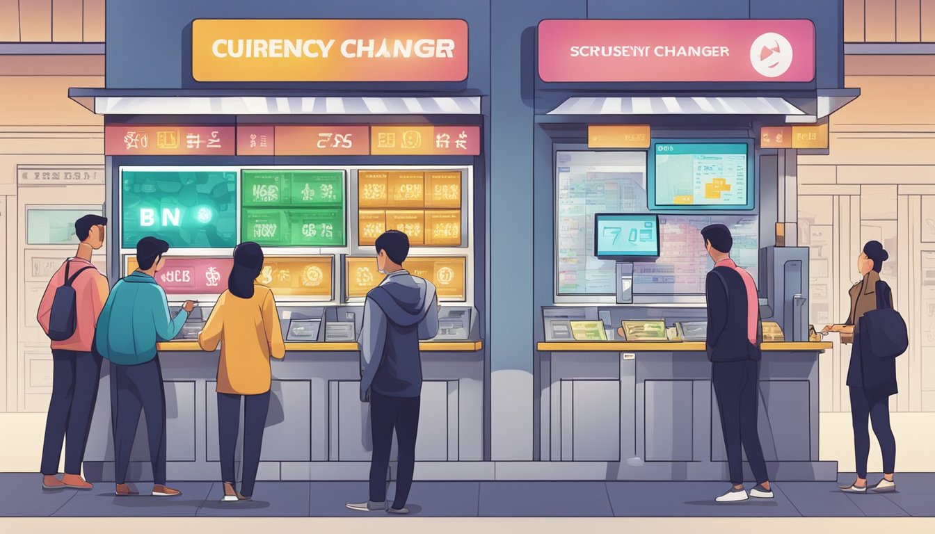 A busy money changer booth with currency exchange signs, a digital display board, and customers lining up