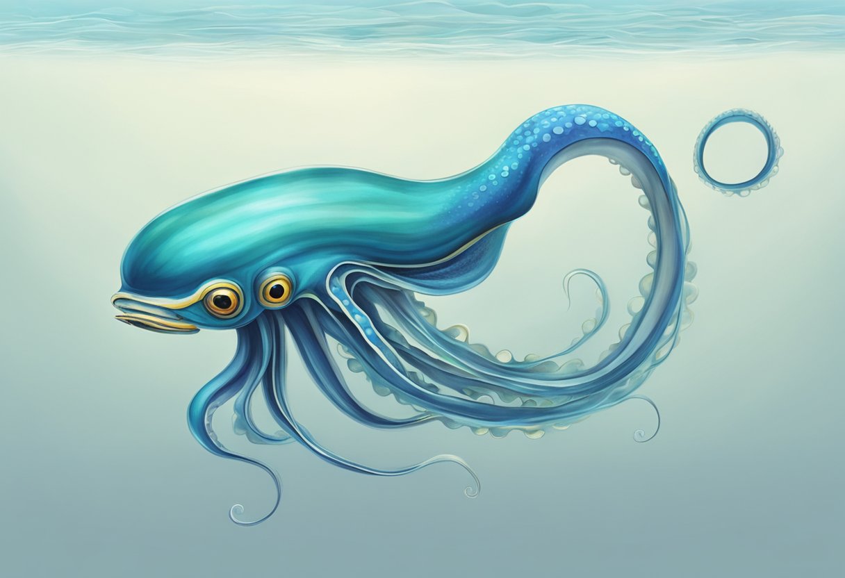 A squid swims gracefully through the clear blue ocean, its long tentacles trailing behind as it propels itself forward with its jet-like siphon