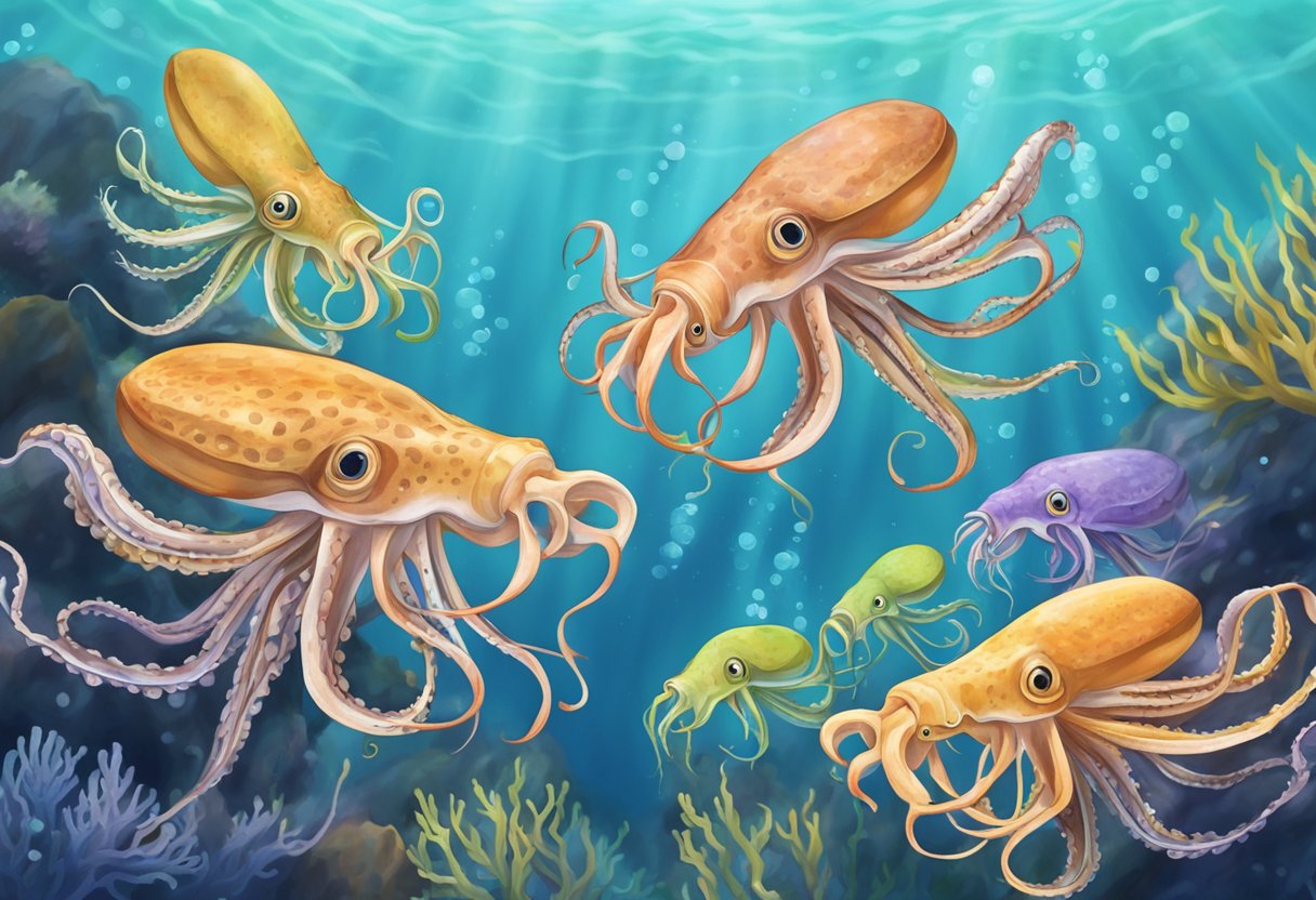 A group of squid swimming together in a school, displaying their unique behaviors and interactions within their marine environment