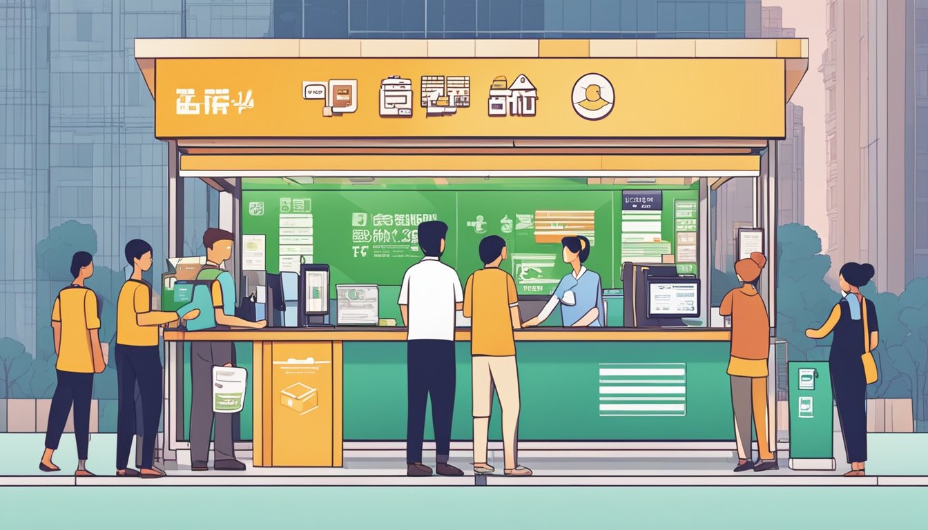 A busy money changer booth with a secure transaction process, customers exchanging currency, and a prominent sign displaying "Ensuring Safe and Secure Transactions Toa Payoh Money Changer: What You Need to Know."