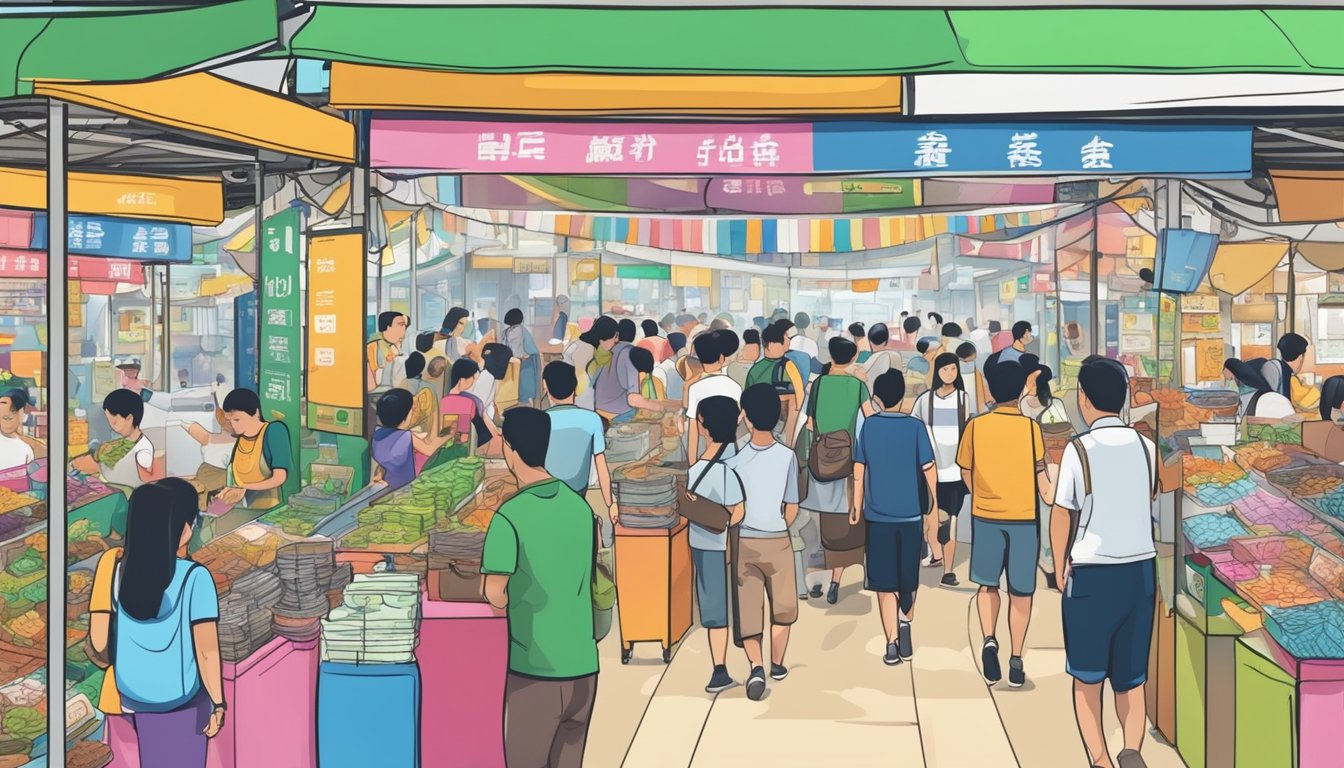 A bustling Toa Payoh market with colorful stalls and a prominent money changer booth. People are trading currency and goods