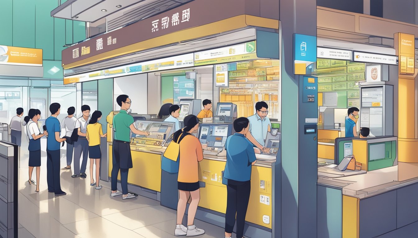 A bustling Toa Payoh money changer with customers and staff interacting at the counter, surrounded by currency exchange rate boards and security features