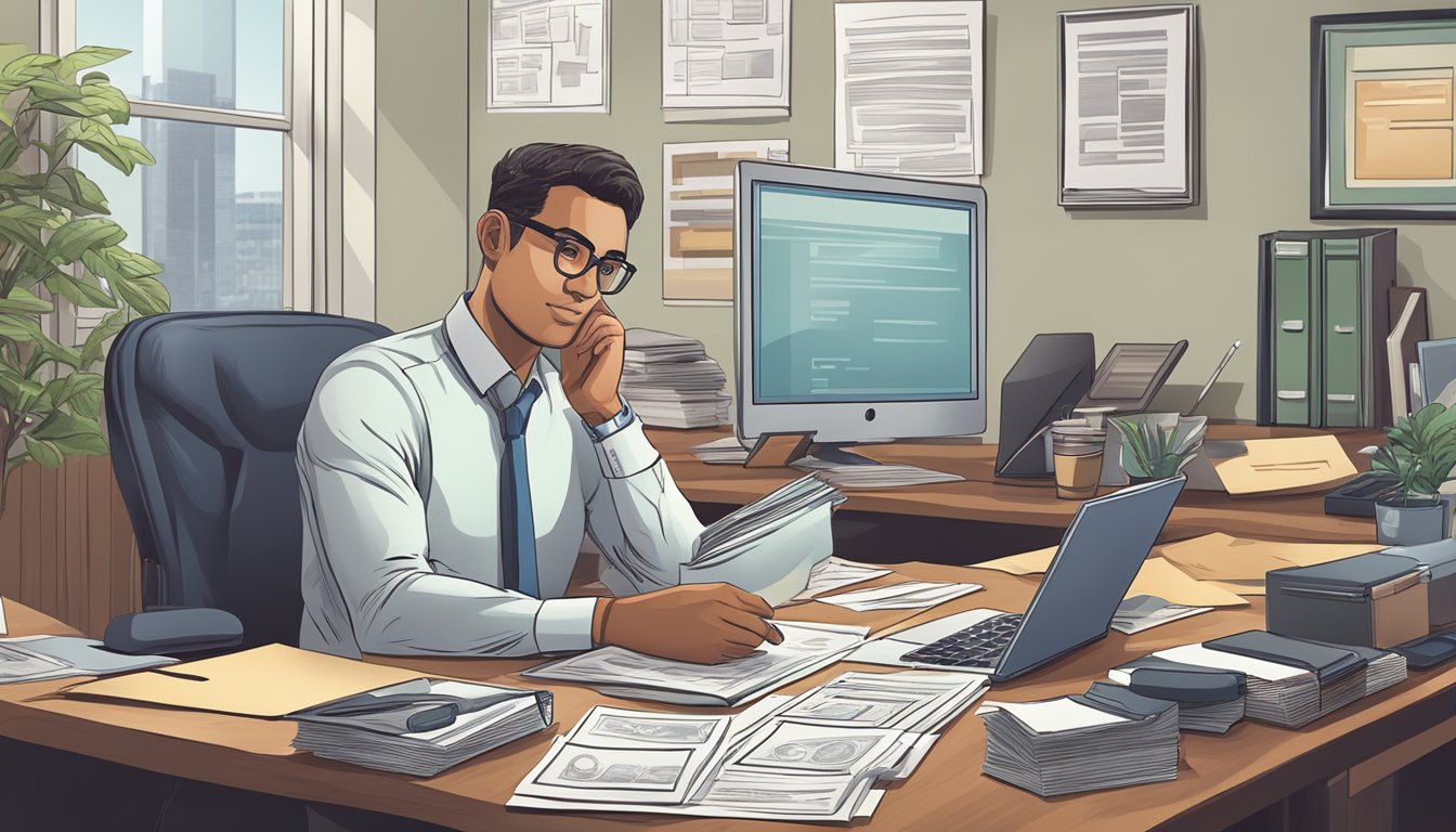 A money lender sitting at a desk, surrounded by paperwork and a computer, answering questions from potential business loan clients