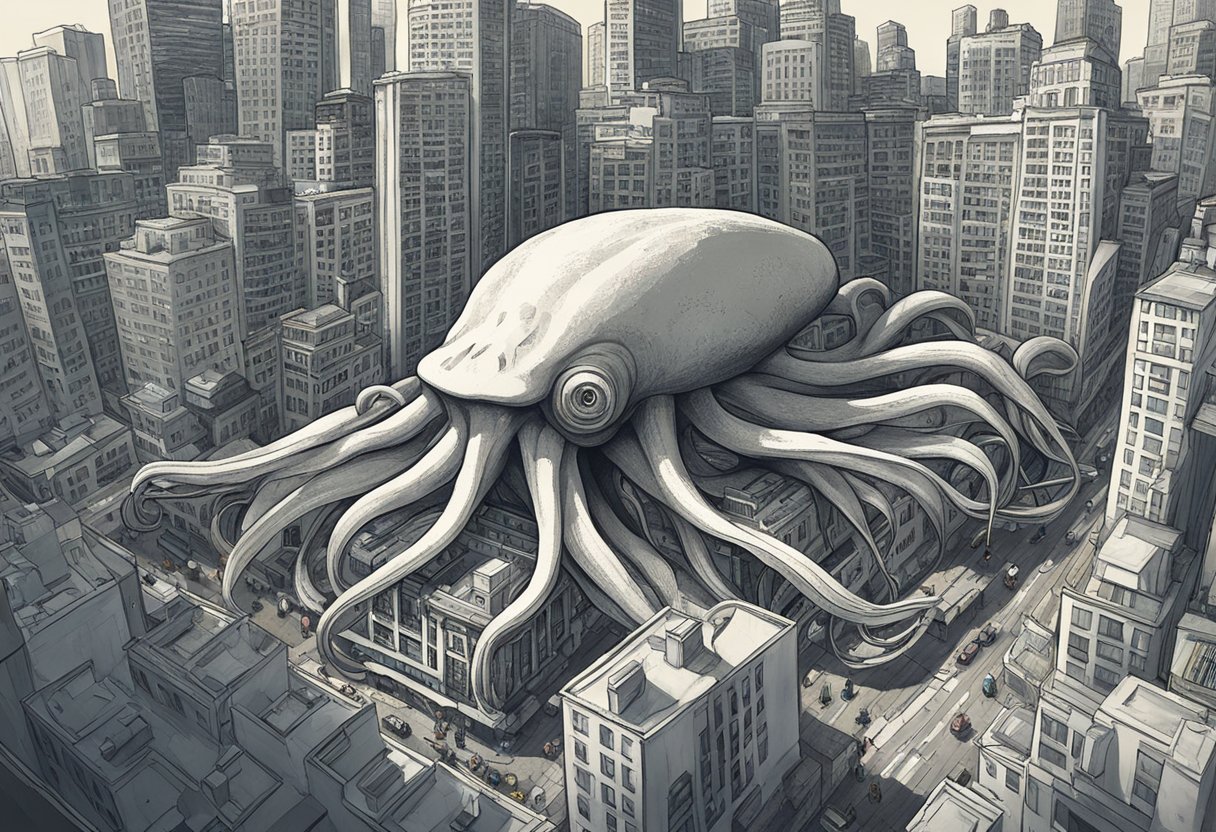 A giant squid looms over a bustling city, its tentacles casting shadows on the buildings below. People stop and stare in awe, capturing the moment on their phones