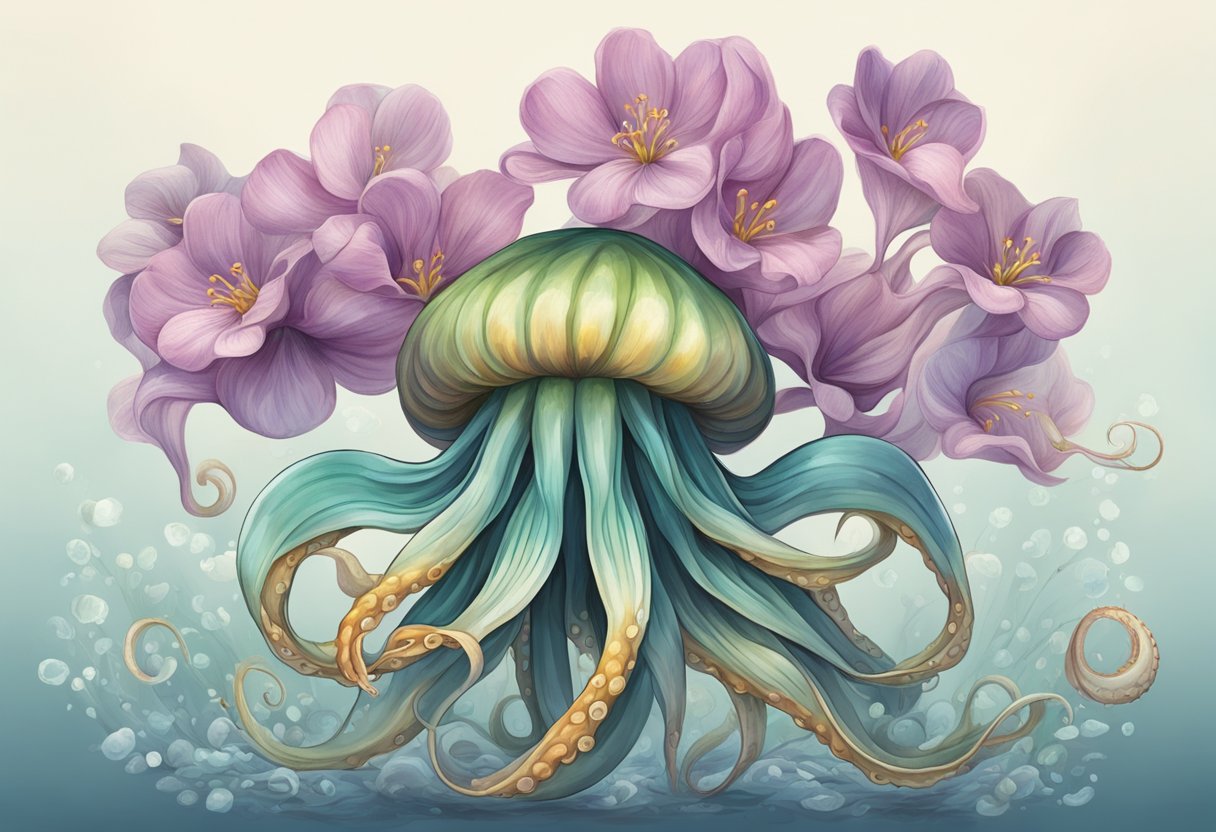 A blooming squid with tentacles unfurling like petals