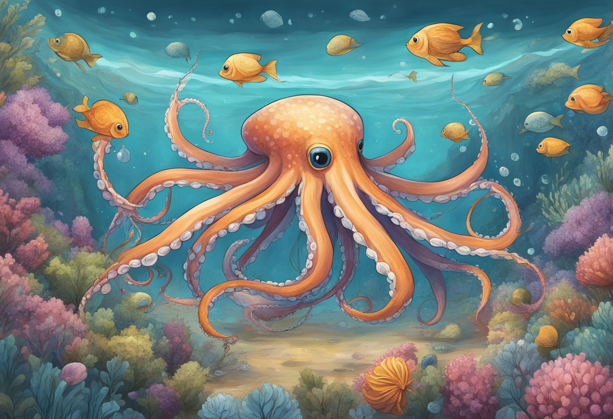 A giant squid with tentacles shaped like flower petals, surrounded by curious onlookers