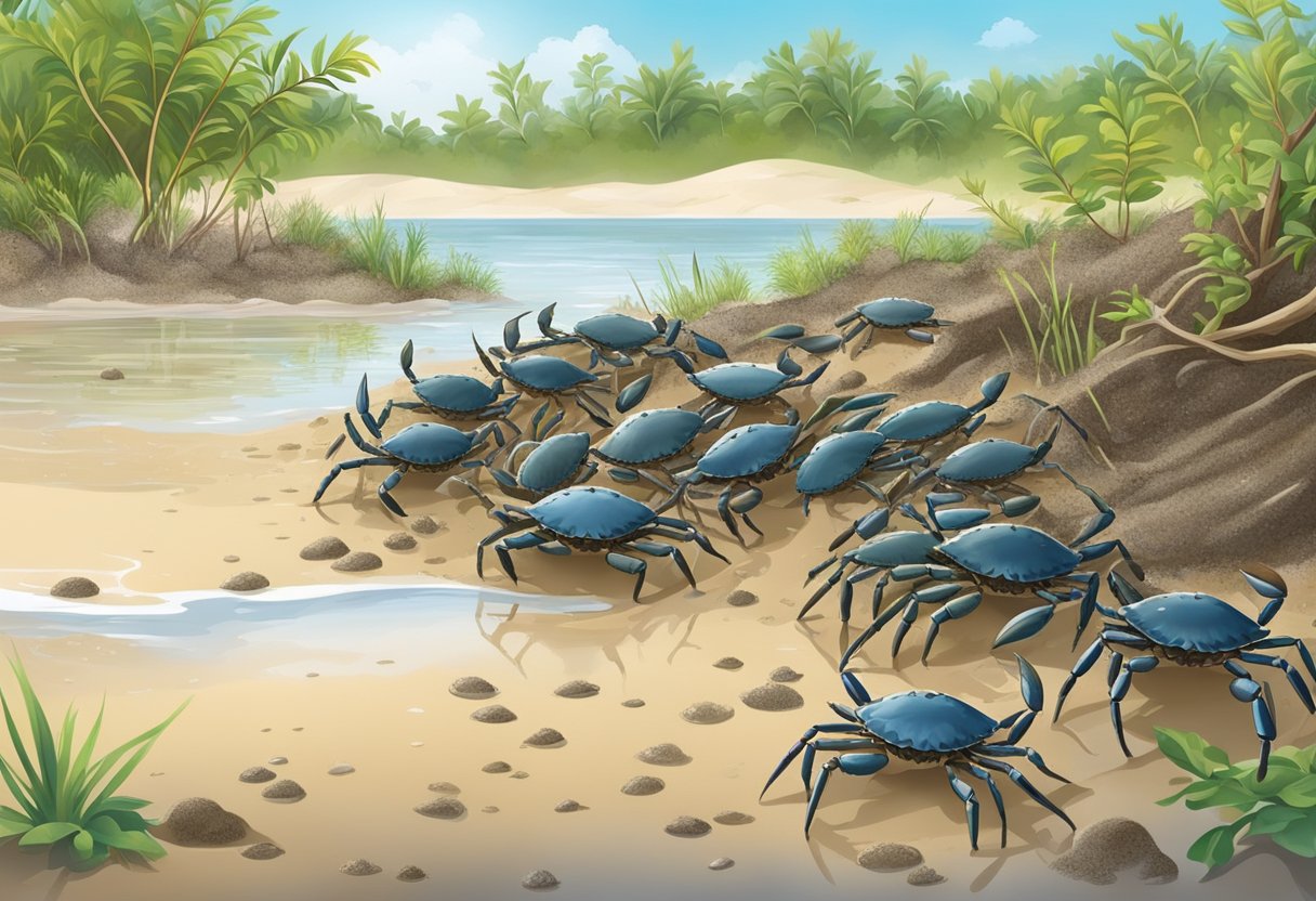 A sandy shoreline with mangrove trees, shallow waters, and mud crab burrows. Various types of mud crabs scuttling around and feeding on detritus