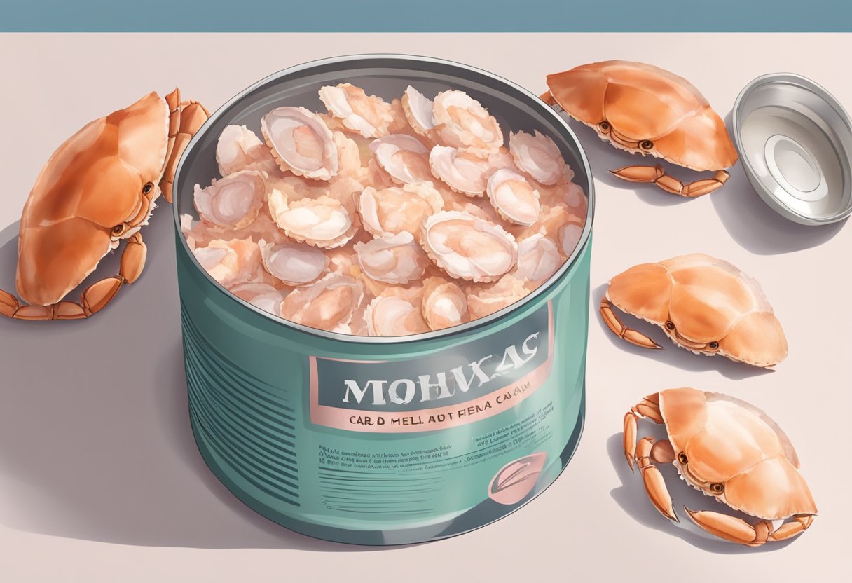 A can of crab meat sits open on a kitchen counter, surrounded by a few crab shells. The meat inside is flaky and white, with a hint of pink