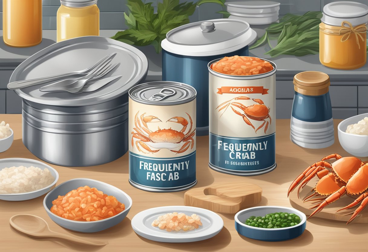 A can of "Frequently Asked Questions" canned crab meat sits on a kitchen counter, surrounded by ingredients and cooking utensils