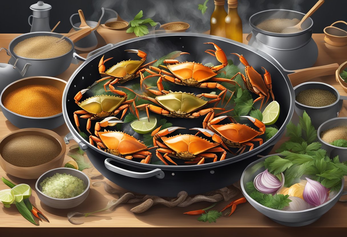 Mud crabs being cleaned, seasoned, and cooked in a sizzling wok with aromatic spices and herbs, surrounded by vibrant ingredients and kitchen utensils