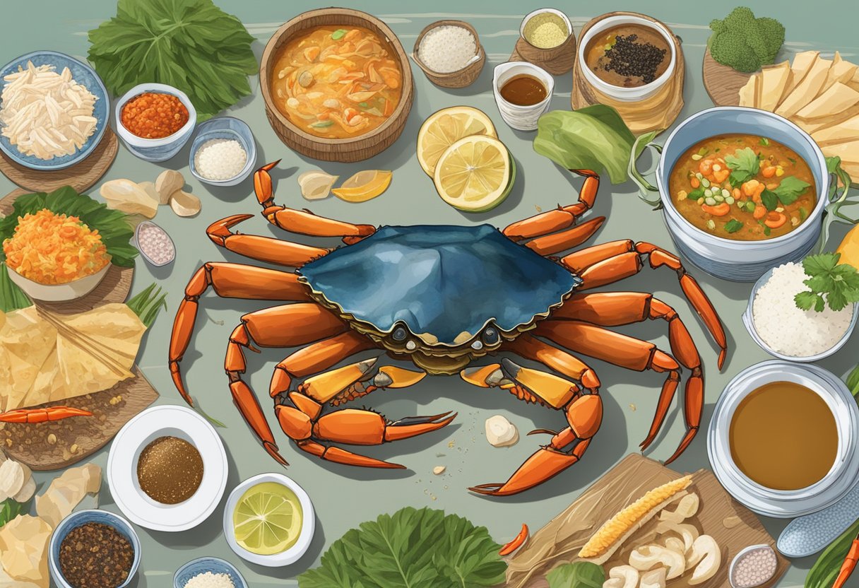 A mud crab surrounded by a variety of Singaporean food items, with a sign reading "Frequently Asked Questions" in the background