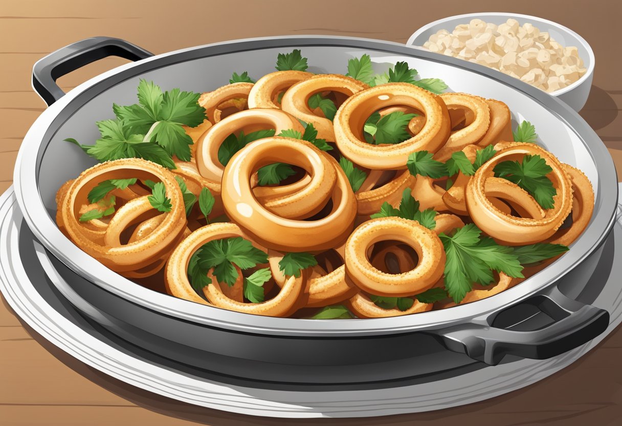 Sizzling squid rings in a hot pan, then plated with a garnish and served on a white dish