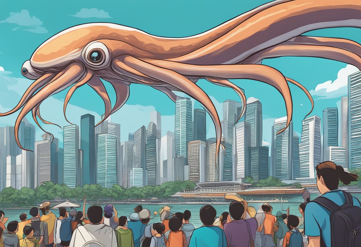 A giant squid hovers above a bustling Singapore cityscape, with curious onlookers gazing up at its immense size