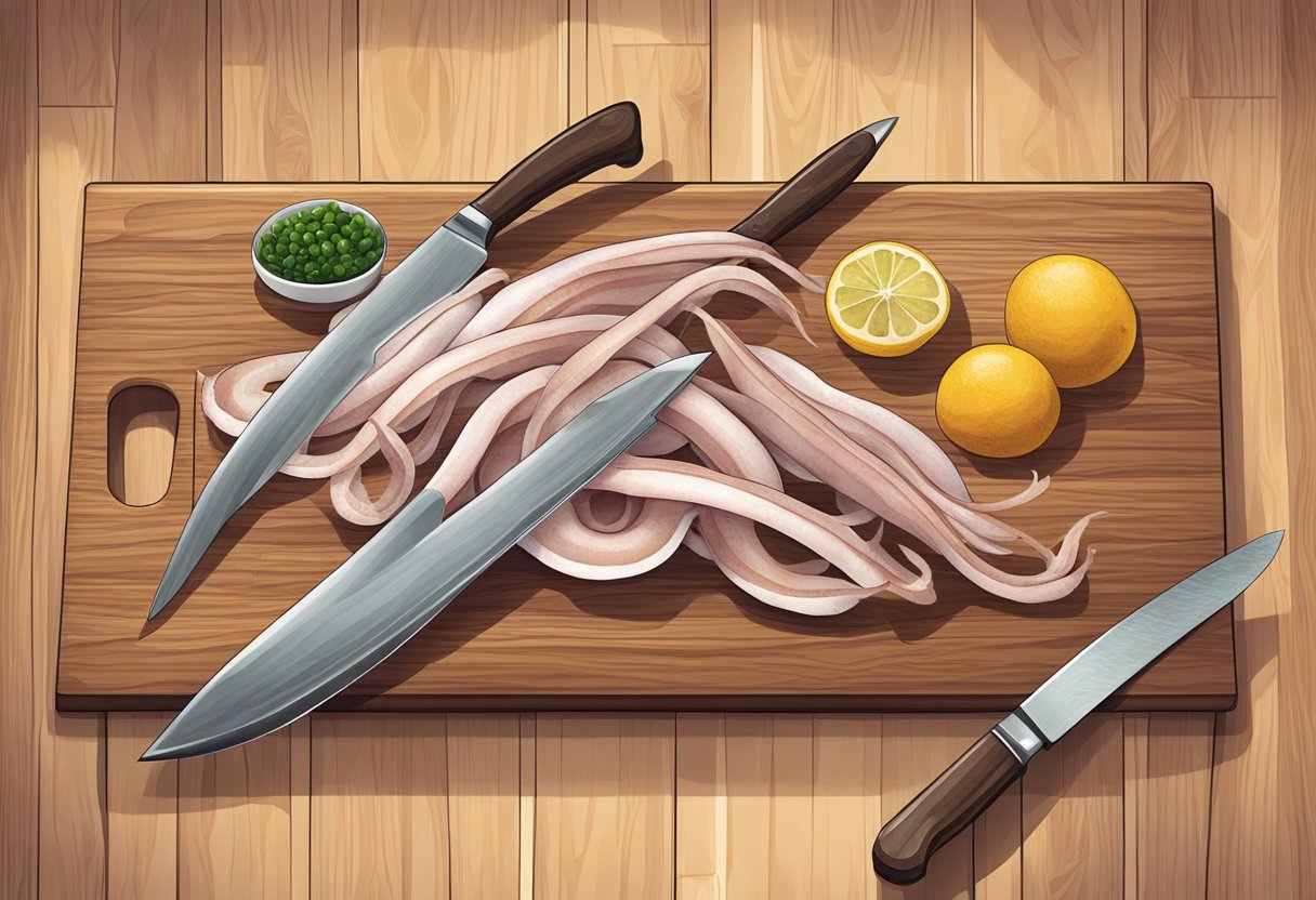 Squid slices arranged on a cutting board, with a knife beside them