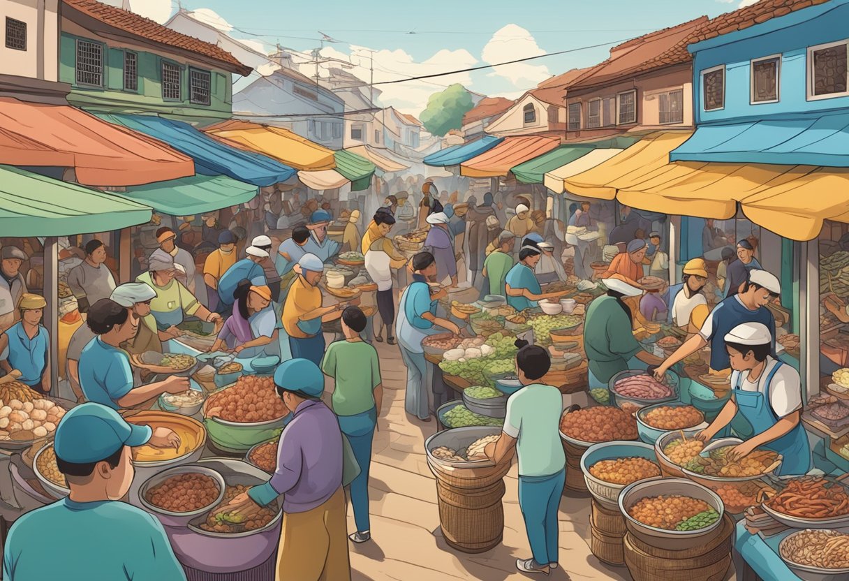 A bustling market with vendors selling octopus and squid dishes, surrounded by people enjoying the unique cultural and culinary impact of these sea creatures