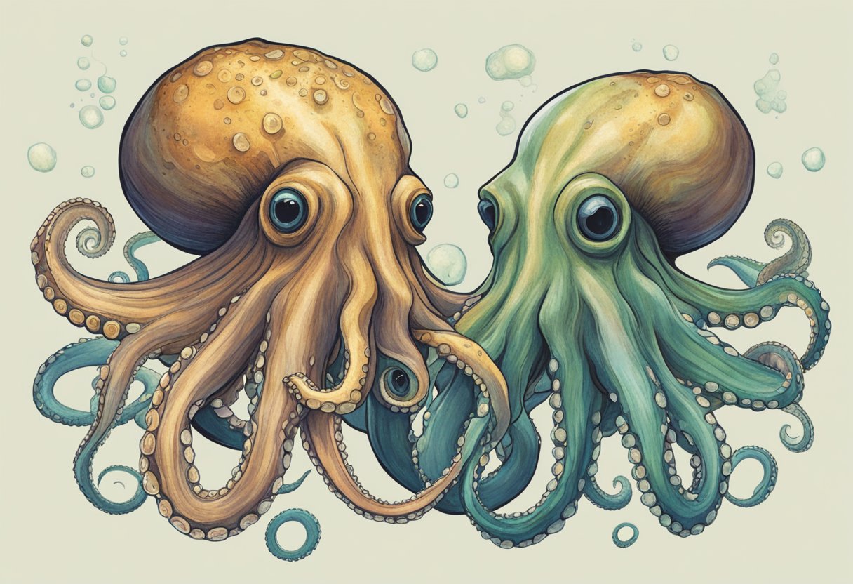 An octopus and a squid facing each other, tentacles intertwined, with a question mark hovering above them
