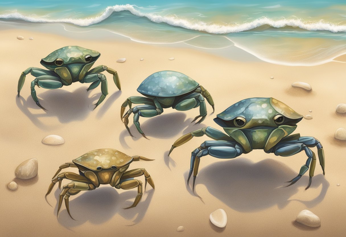 A group of baby crabs scuttle across the sandy beach, their tiny legs moving quickly as they explore their new surroundings