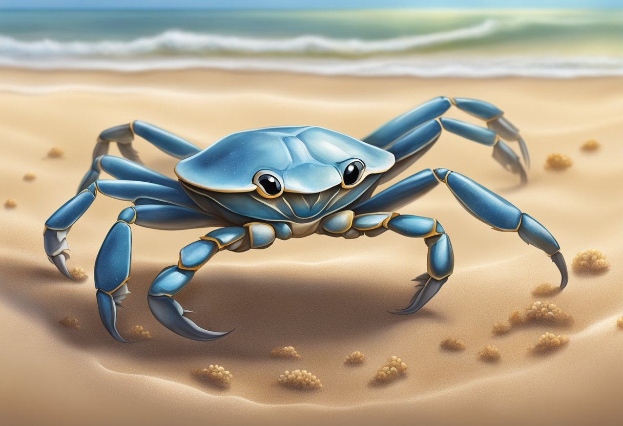 A baby crab scuttles across the sandy shore, its tiny legs kicking up small grains of sand as it explores its new surroundings