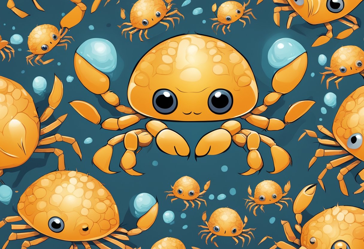 A baby crab surrounded by question marks, appearing curious and inquisitive