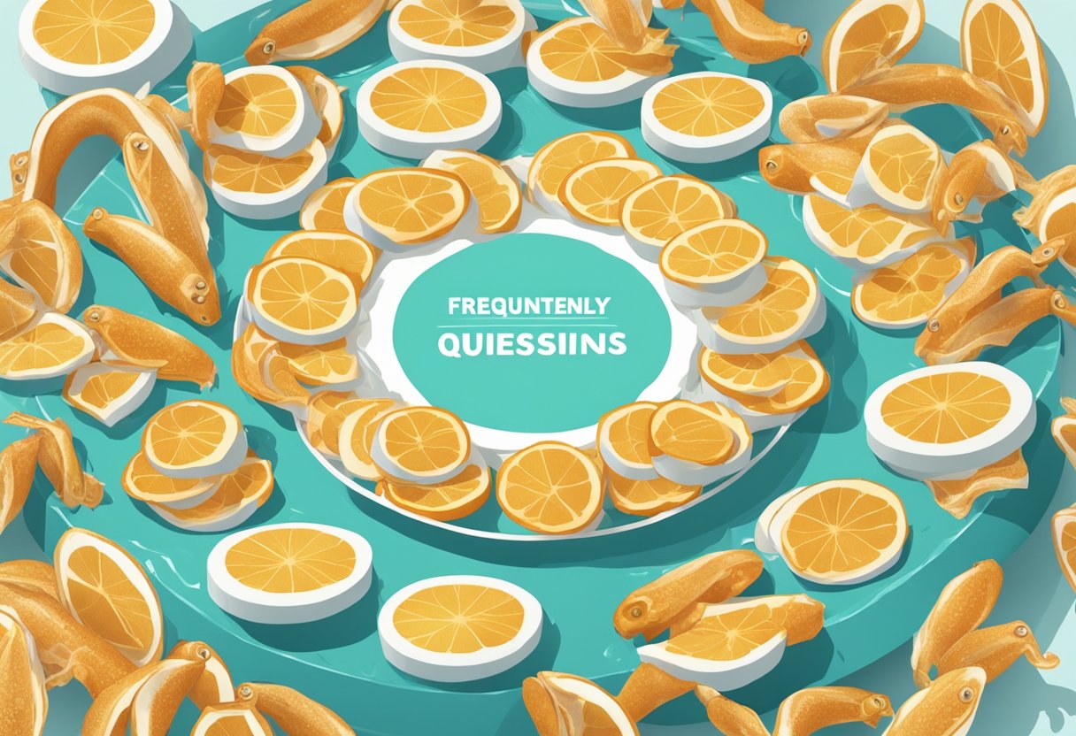 A pile of squid slices arranged in a circular pattern with a "Frequently Asked Questions" sign in the background