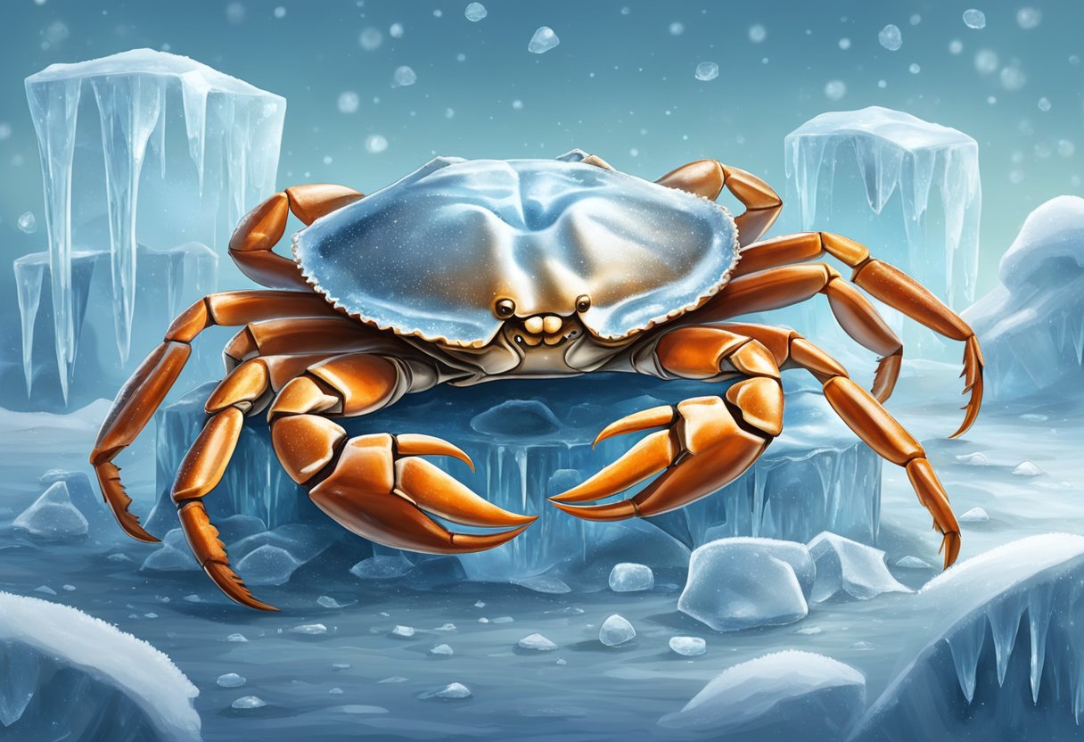 A crab is encased in ice, surrounded by frost and icicles. The icy environment emphasizes the frozen state of the crab meat