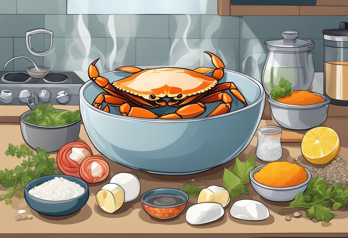 Crab meat thawing in a bowl of cold water, surrounded by various cooking ingredients and utensils on a kitchen counter