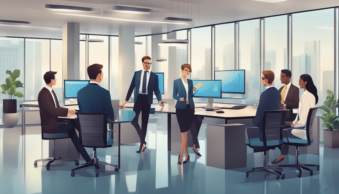 A group of people in business attire discussing financial transactions in a modern office setting