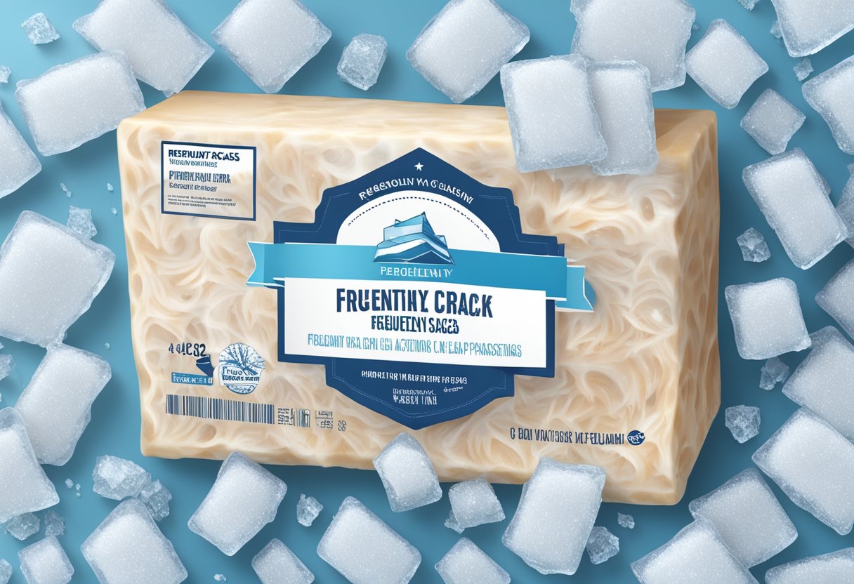 A stack of frozen crab meat packages, with "Frequently Asked Questions" label, surrounded by ice crystals
