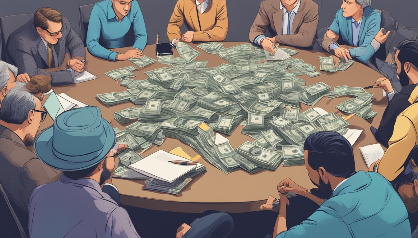 A group of people gather around a table, studying the Money Lenders Act 2018. Documents and pens are scattered across the table as they engage in a discussion