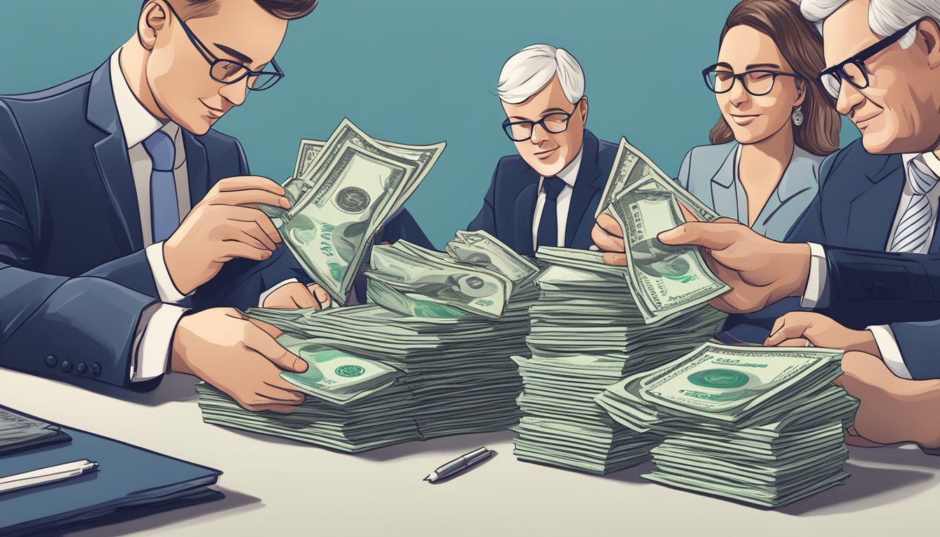 A group of people signing legal documents with a pile of money on the table, representing the Protections and Obligations Money Lenders Act 2018