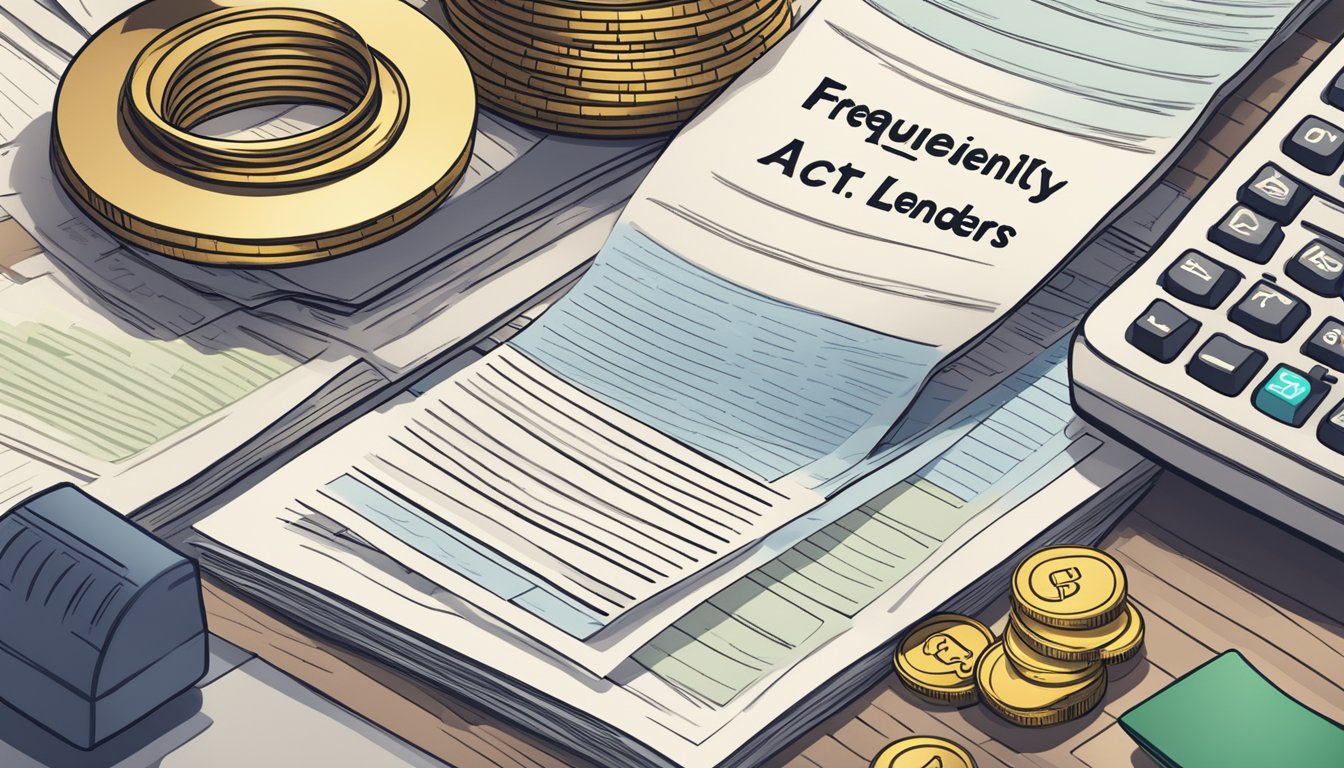 The scene shows a stack of papers with "Frequently Asked Questions Money Lenders Act 2018" printed on top, surrounded by legal documents and a scale representing fairness