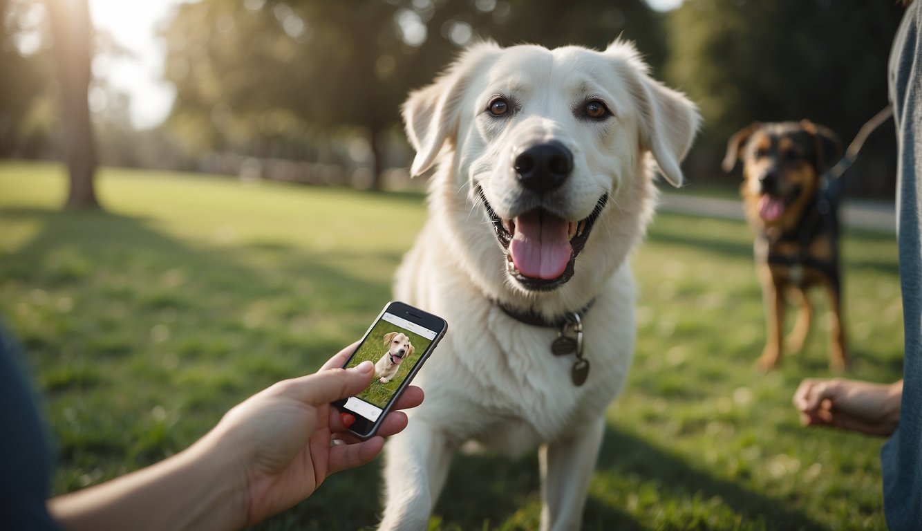 A dog using the Dogo app, interacting with various training features and receiving positive reinforcement
