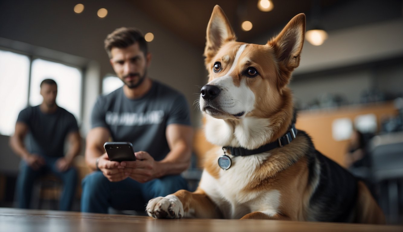 A dog obediently sits at attention, ears perked, eyes focused on its trainer holding a smartphone with the Dogo training app displayed on the screen
