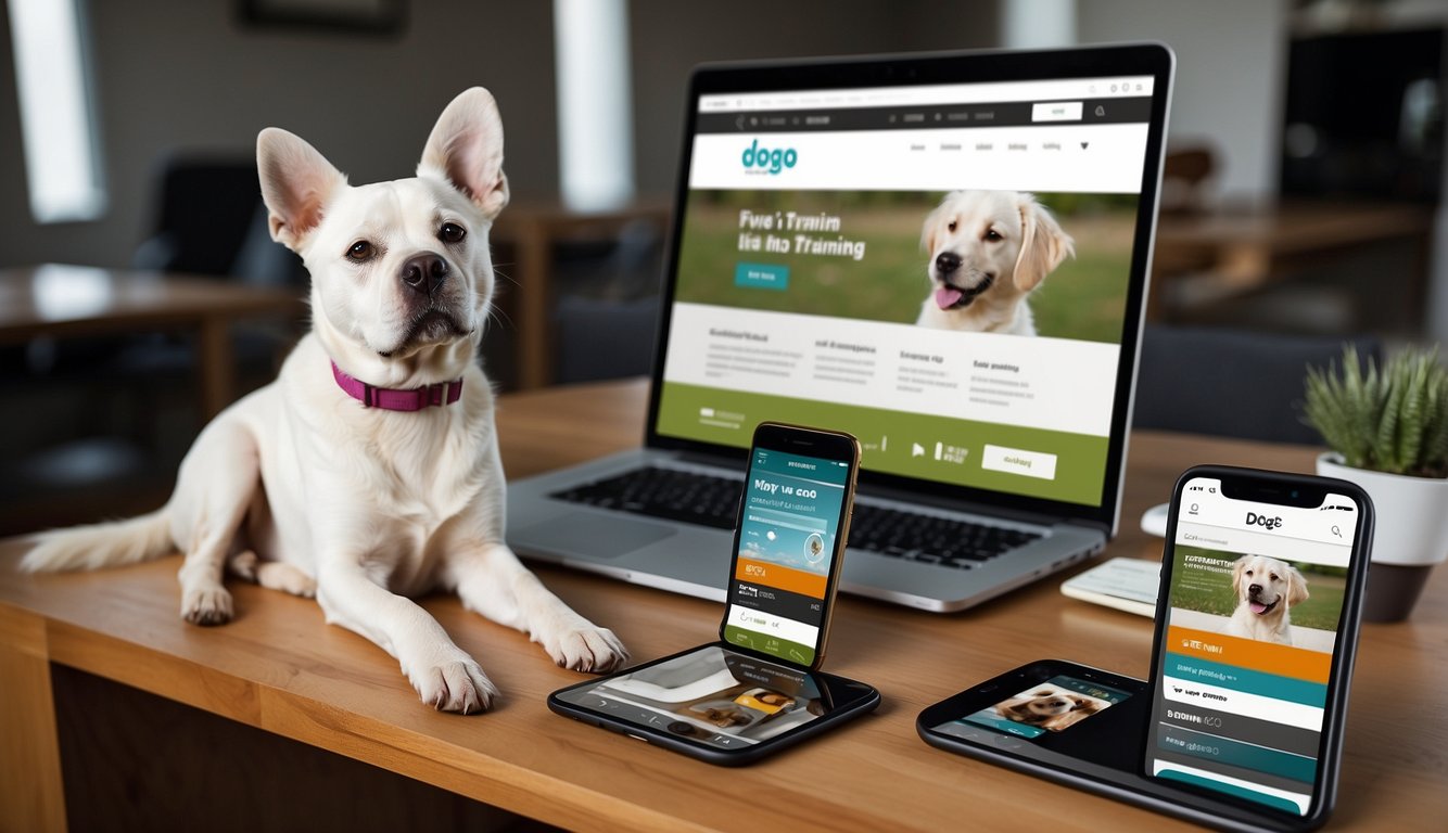A smartphone, tablet, and computer are placed side by side, each displaying the Dogo dog training app. The screens show various features and functionalities, highlighting the app's compatibility across different platforms