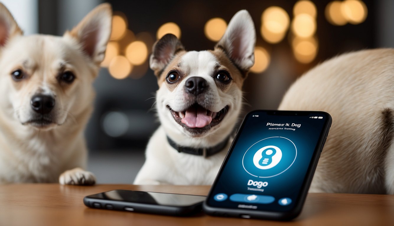 A happy dog sits next to a smartphone displaying the Dogo training app. A price tag and a value symbol are visible in the background