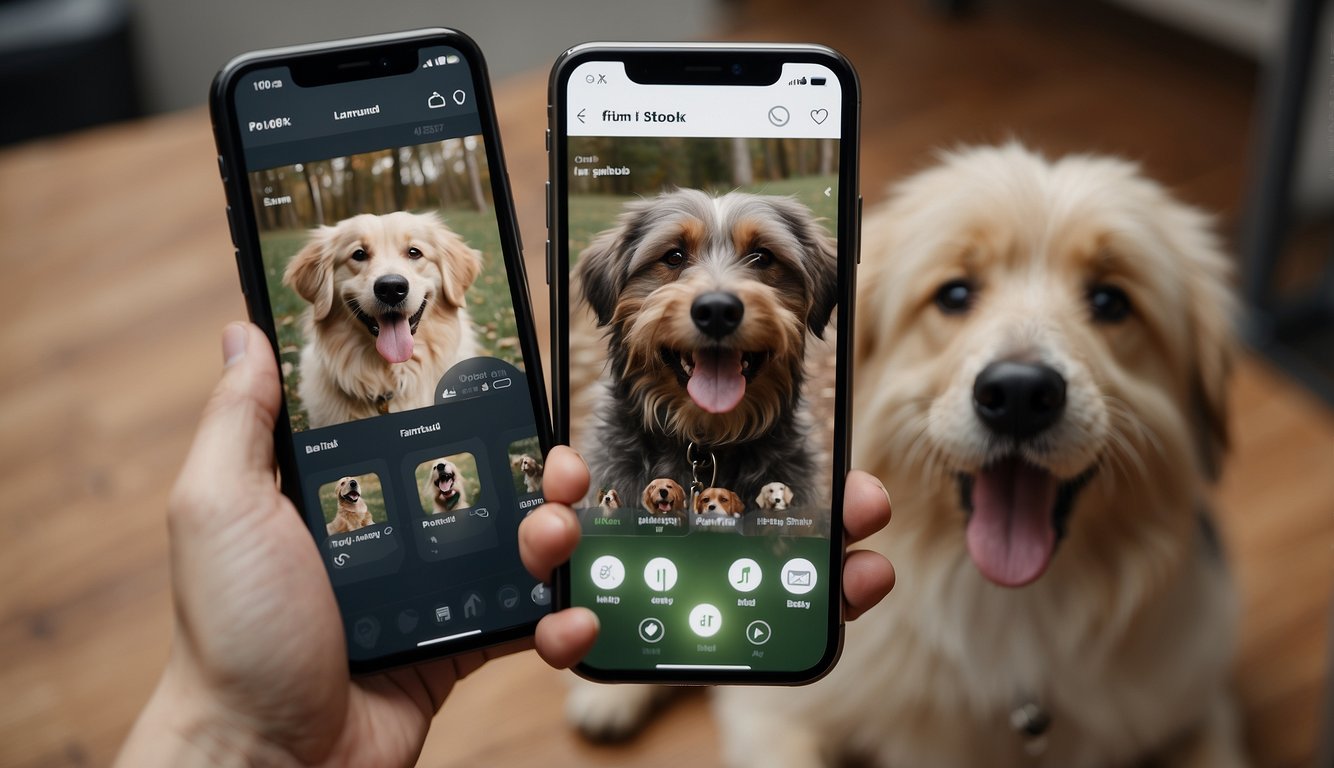 A happy dog sitting next to a smartphone with a dog training app open on the screen, while a satisfied user gives a thumbs-up in the background