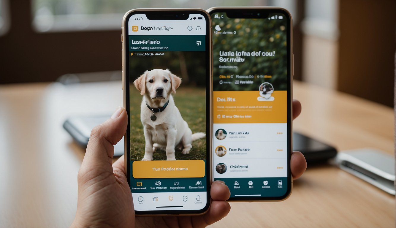 A dog sitting next to a smartphone with the Dogo training app open, with a positive review and learning materials displayed on the screen