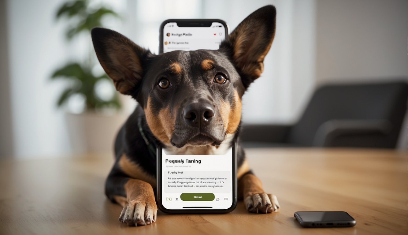 A dog sitting next to a smartphone displaying the "Frequently Asked Questions" section of the Dogo dog training app