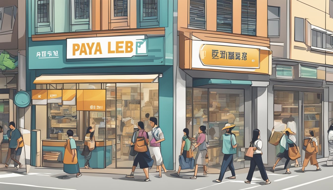 A bustling street with a prominent sign reading "Paya Lebar Money Lender." People entering and exiting the storefront, with a sense of urgency and determination