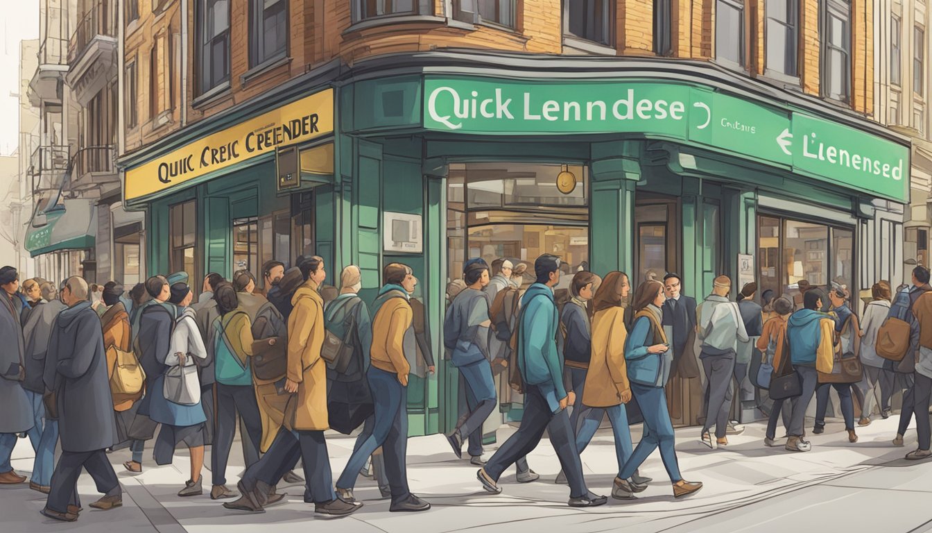 A bustling city street with a prominent sign for a "quick credit licensed money lender" surrounded by people entering and exiting the establishment